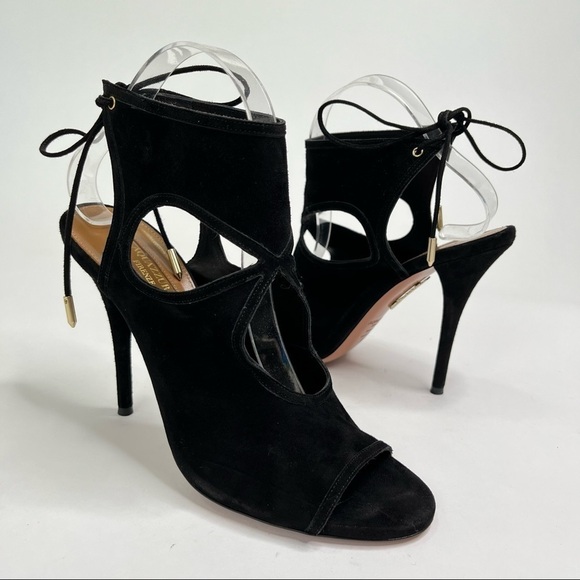 AQUAZZURA Sexy Thing Black Suede Cut-out Tie Back Open-toe Stilettos Heels Pumps - Picture 2 of 13